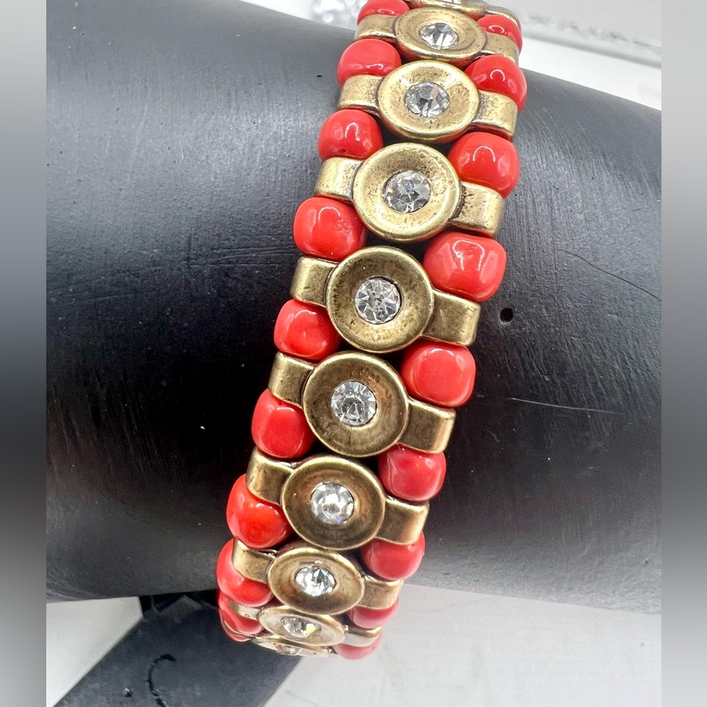 J. Crew Coral Beaded Bracelet with Gold-Tone Rhinestone Discs
